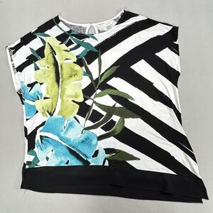CJ Banks Top Women's 1X Black White Boho Cottagecore Asymmetrical Tropical Shirt
